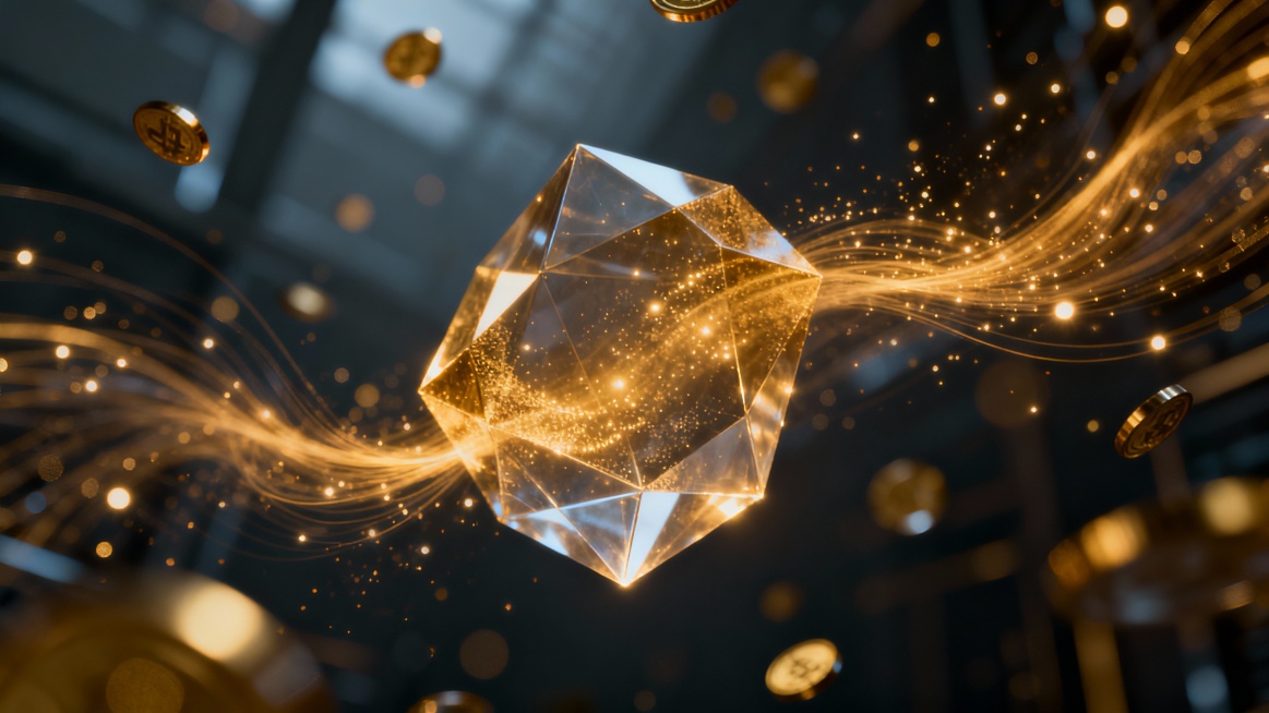 Premium crypto promotional background, warm golden light accents, floating abstract shapes, futurist预览效果