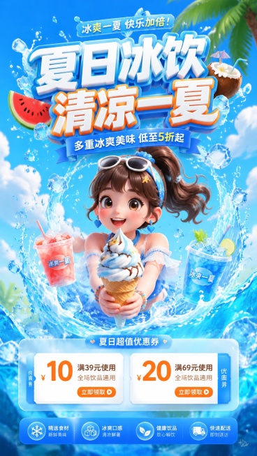 夏日冰饮促销手机海报，冰蓝渐变天空软云打底，底部翻涌冰蓝海浪飞溅冰珠。顶部白橙立体粗体主副标题，点缀椰树、西瓜、冰杯装饰。中部 3D 卡通捧冰淇淋女孩，周身环绕冰浪特效。底部双档优惠券模块，标注满减规预览效果