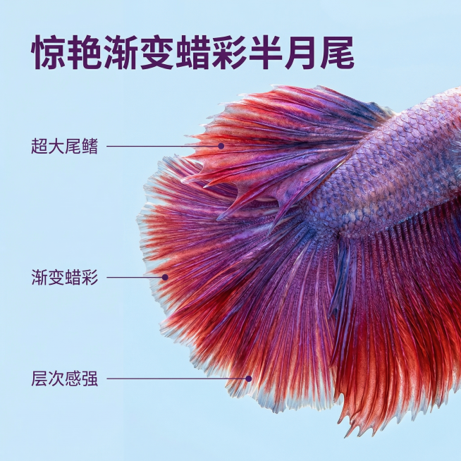 [主图 2] 核心亮点细节展示
[主图主题] 半月蜡彩斗鱼尾鳍细节展示
[氛围/风格] 高清微距，极致质感，突出细节层次
[画面元素] 原图片中的泰国斗鱼保持外观100%一致，放大展示半月蜡彩斗鱼的渐预览效果