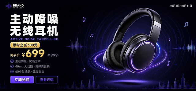 一张头戴式耳机电商Banner图，横向大尺寸，左文右图构图，左侧文字区，右侧产品图。背景：极深黑蓝色#0D0D14纯色背景，产品后方有径向渐变提亮#1A1A2E，从产品向外扩散的弧形声波涟漪，电光紫#6C5CE7半透明，散布5-8个微小的音符粒子和频谱线条，紫色和蓝色，底部有细密的频谱柱状图装饰，整体沉浸安静高级。右侧产品：头戴式耳机产品图，侧面45°角度，金属拉丝头梁，蛋白皮耳罩，哑光机身，耳罩处有柔和电光紫光晕，产品周围有声波弧形光带，产品略微悬浮，下方有柔和阴影，产品占画面右侧约55%区域。左侧文字区：主标题"主动降噪无线耳机"，白色#FFFFFF，粗黑体，分两行显示"主动降噪"和"无线耳机"；英文小字"ACTIVE NOISE CANCELLING"，电光紫#6C5CE7；利益点标签"限时立减300元"，暖金底#FFD166深色字，小圆角标签；价格"到手价 ¥699"，暖金#FFD166，大字号粗体；原价"¥999"，灰紫#9A9AB0带删除线；三条卖点，灰紫#9A9AB0，每条前面带电光紫勾选符号："主动降噪 · 沉浸无声"、"40mm大动圈 · 高保真音质"、"60小时续航 · 无线自由"。左下角两个按钮：主按钮"立即抢购"，紫色渐变#6C5CE7到#8B7CFF底，白色粗体文字，8px圆角；次按钮"查看详情"，透明底，电光紫#6C5CE7描边，紫色文字。左上角品牌LOGO占位，右上角活动时间"10月1日-10月31日"。整体沉浸高级，深色背景衬托声波光效，文字清晰锐利，商业电商Banner品质，高清。