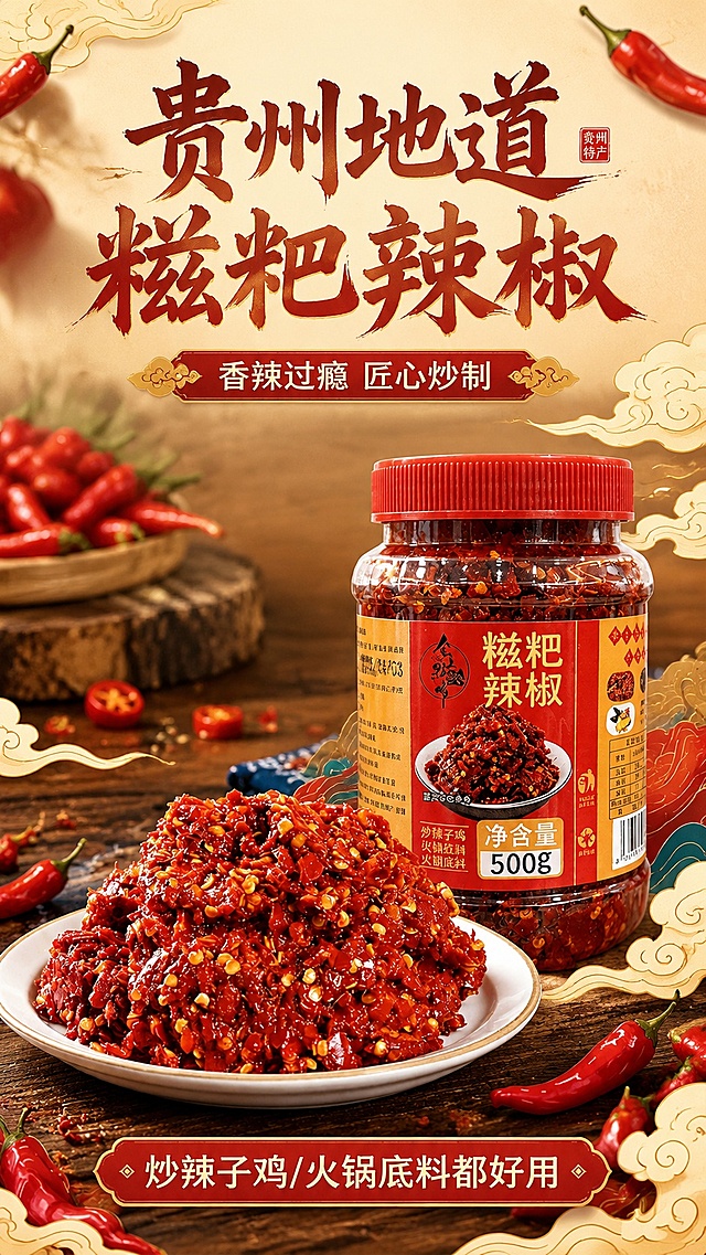 [第1屏] 详情页头图-贵州糍粑辣椒新品宣传海报。本屏使用【图1】作为商品主体。
[氛围/风格] 国潮美食风，浓郁烟火食欲感，商业摄影质感，红色系暖调氛围。
[元素布局] 瓶装糍粑辣椒和盘中辣椒酱放置在画面中下区域，总占比约70%；画面顶部预留主标题区域，背景使用木纹桌面搭配国潮祥云和新鲜红辣椒装饰；产品形状、颜色、包装信息与输入产品图保持一致。
[光影质感] 顶部暖柔光照射，辣椒颗粒保留清晰高光，木质背景自然阴影，整体通透有食欲。
[配色色系] 全局底色 #F5E9D3；主色红金国潮配色；辅助色深红辣椒装饰、原木棕色背景。
[视角构图] 正面平视视角，产品为绝对视觉中心，阅读动线从上到下。
[文字版式] 版式为顶部标题 + 中部产品展示 + 底部信息条。主标题「贵州地道糍粑辣椒」，副标题「香辣过瘾 匠心炒制」，采用书法风格字体居中对齐，金红色搭配；底部信息条写「炒辣子鸡/火锅底料都好用」，文字不遮挡主体产品，主副标题清晰醒目。
[比例分辨率] 9:16竖版比例，4K分辨率，文字清晰可辨，高清画质。
[负向提示词] 产品变形，缺件错件，颜色偏差，包装文字错乱，水印，文字过小，背景杂乱。
