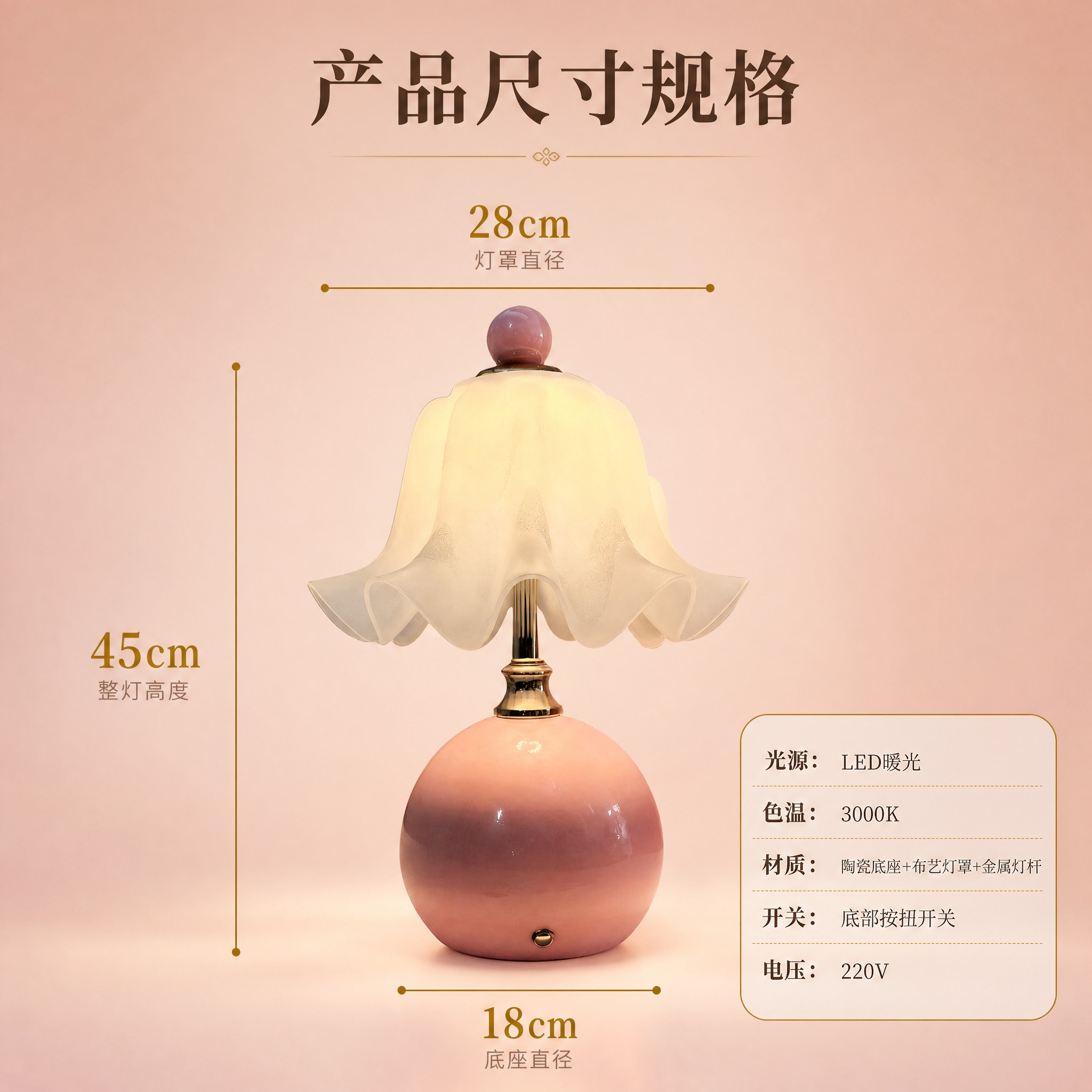 [主图-5] 粉色陶瓷百褶灯罩床头台灯 尺寸规格信息图 [统一… - 图片创意预览