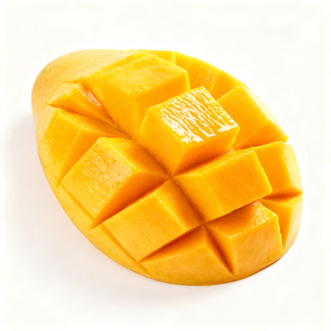 海南金煌芒果商品主图，特写展示金煌芒果果肉纹理，水润光泽，纯白背景，居中展示，光影清晰，适合电商销售，突出细腻口感预览效果