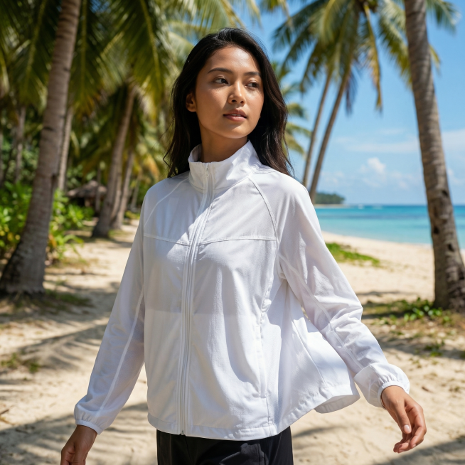 White SPF50+ sun protection jacket,保持产品外观与原图片完全一致,strictly preserve product physical structure. 

A预览效果