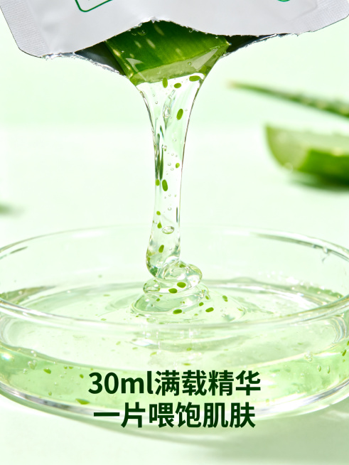 [详情页第4页] 精华液质地与含量展示，撕开的面膜袋口朝下，30ml浓稠透明的芦荟精华液倾泻而出，形成一条晶莹的水柱，落入下方透明容器中，液体里有细小芦荟颗粒悬浮，液体呈透明微带绿色，体现清爽不黏腻质预览效果