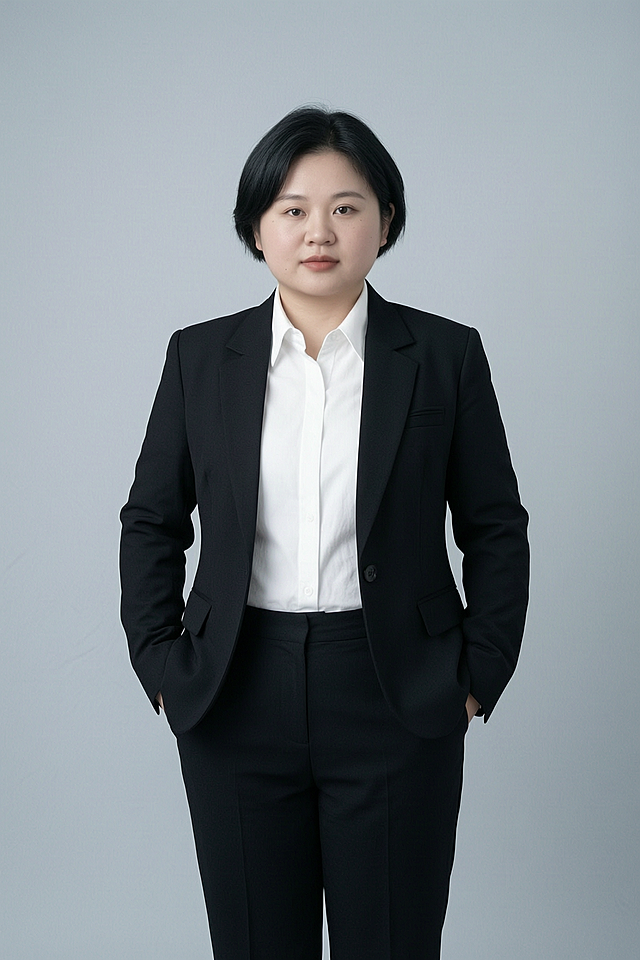 基于参考人像，生成一张形象照，人物身穿黑色亚面精纺面料西装外套、黑色亚面精纺面料西裤，内搭白色衬衫，背景为简约冷调浅灰色纯色，均匀柔和质感，极简干净，光线均匀柔和，强化色彩对比的高级感，采用标准焦段50mm,F/4光圈，平视视角，人物居中，人物占画面70%，半身像，入境范围头部至臀部下方10cm，人物呈正面双手插兜姿态，双手分别插入西装裤两侧口袋，仅露出拇指或手腕部分，双臂自然弯曲，肢体放松，姿态随性自信从容，整体高级专业商务风格