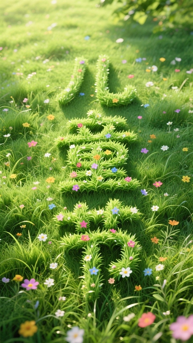草坪写着大大的“儿童节”三个字，文字笔画由小花小草组成，青春的气息