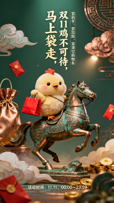 制作一张双11促销海报，主角是一只毛绒绒胖乎乎的小鸡，小鸡拿着一个红色购物袋，骑在一匹青铜质感的古董马上，古董马微微跃起，马身有古代纹饰和铜绿质感。整体画风融合国潮与可爱风，色调以青铜绿、暖金为主，灯预览效果