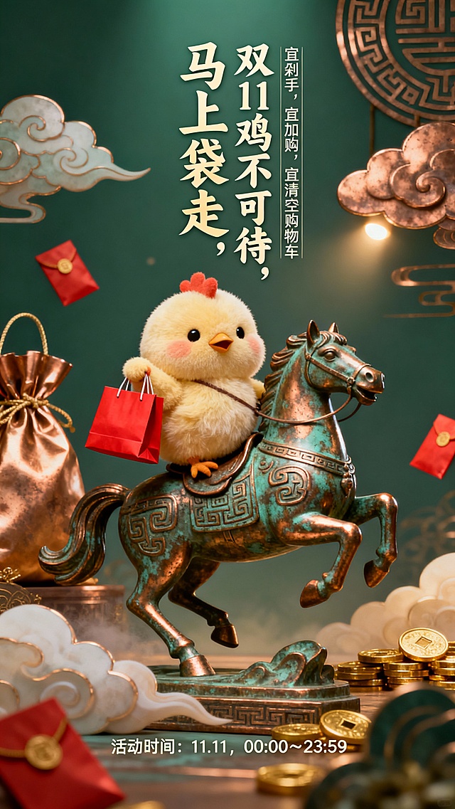 作品以“鸡不可待，马上‘袋’走”为主题，将毛绒萌鸡与青铜古董马结合，创造古今交融的国潮趣味。竖排书法标题延续黄历式设计，副标题“宜剁手，宜加购，宜清空购物车”增添节日仪式感。青铜马象征速度与力量，胖乎乎的小鸡神情坚定又可爱，寓意“双11不等人，好运要立刻带走”。