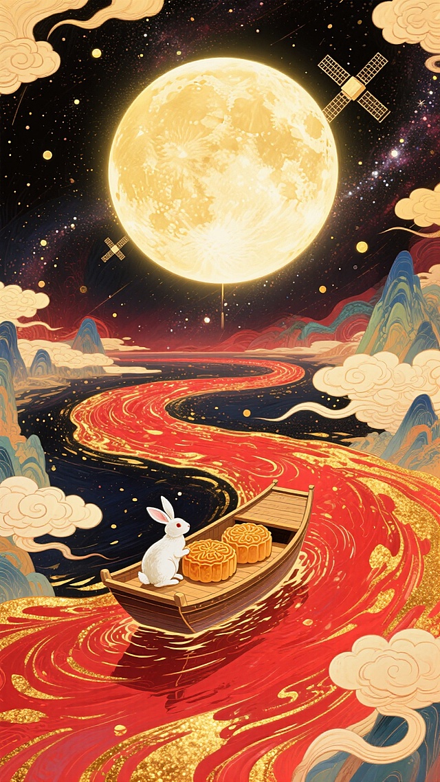 梦幻奇幻风格插画，全景，小船（漂浮在红金色河流上，船上有玉兔和两个月饼 ）居画底部，星空漩涡从小船向四周扩散成漩涡状星空（红金色交织） ，中央巨大的发光满月，卫星，超现实的星空河流世界，梦幻感，色彩以深邃红、暖黄为主，搭配金色点缀