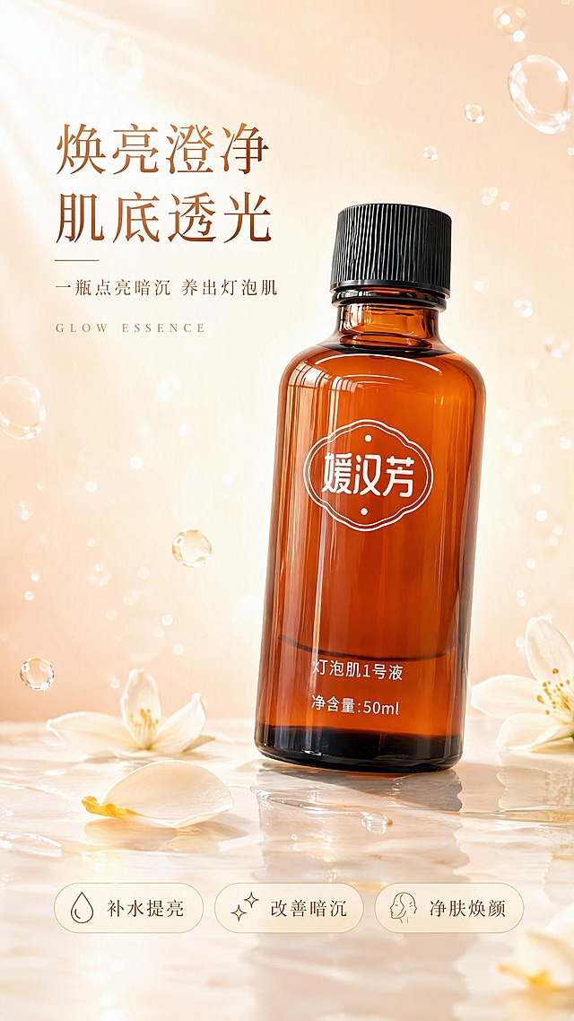 [第1张] 详情页头图主视觉-媛汉芳灯泡肌1号液新品宣传海报。本张使用【图1】作为商品主体，保持琥珀色玻璃瓶、黑色螺纹瓶盖、瓶身白色'媛汉芳'标志与'灯泡肌1号液 净含量:50ml'文字完全一致，产品物理结构比例轮廓不变。
[氛围/风格] 清透光感护肤风，水光潋滟氛围，高级商业摄影质感，非黑金奢华风格，背景色彩光亮通透。
[元素布局] 产品瓶身置于画面中央偏右，占比约55%，瓶身微微倾斜呈现立体感；左侧为标题区；背景为浅杏粉到淡金的渐变光晕，漂浮着透明水滴与微光粒子；底部是浅米色大理石质感台面，散落几片新鲜橙花花瓣；前景有一层轻薄水膜反光。
[光影质感] 左上方柔和主光打亮瓶身正面，右侧辅光勾勒瓶身轮廓，瓶内液体呈现通透琥珀光泽，底部自然柔和投影，整体明亮通透有呼吸感。
[配色色系] 全局底色渐变 #FFF5EE 到 #FFE4C4；主色暖金杏粉；辅助色白色水光、浅橙花瓣点缀。
[视角构图] 正面微仰视，产品为视觉中心，阅读动线左上标题→中部产品→底部信息条。
[文字版式] 版式为左上标题 + 中部产品 + 底部胶囊信息条。主标题「焕亮澄净 肌底透光」，副标题「一瓶点亮暗沉 养出灯泡肌」，两行优雅宋体左对齐；标题下方小字英文装饰「GLOW ESSENCE」；底部三个圆角胶囊卖点icon：「补水提亮」「改善暗沉」「净肤焕颜」；文字不遮挡瓶身主体。
[比例分辨率] 9:16 竖版比例，4K分辨率，文字清晰可辨，高清画质。
[负向提示词] 瓶身变形，缺件错件，颜色偏差，黑金风格，水印，文字错乱，产品图模糊，背景杂乱，优惠信息。