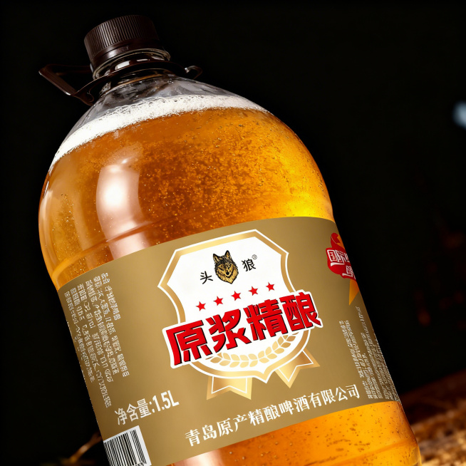 这张头狼原浆精酿啤酒商品图，设计为电商主图，特写展示啤酒瓶标签部分，突出品牌和原浆精酿文字信息，深色暗调背景突出产品预览效果
