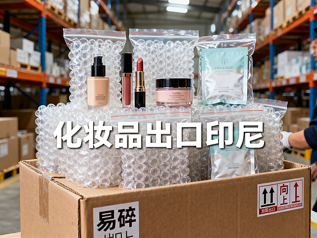 4:3比例高清晰度商业摄影，几款代表性化妆品（粉底液瓶、口红管、面霜罐、面膜袋）被操作员用气泡柱包裹，放入独立密封袋，整齐码放进贴有"易碎""向上"标识的加固出口纸箱，背景是明亮整洁的专业仓库，画面中央偏下有"化妆品出口印尼"时尚简洁无衬线主题字，整体氛围精细、安全与专业