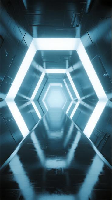 未来感科技风直播间背景，延伸的几何线条构成的无限空间走廊，光滑通透的金属质感墙面与地面，均匀分布的嵌入式冷色调光源从线条中透出柔和光线，尽头有明亮的光晕效果，整体采用渐变蓝色系，保持高度反光的镜面效果和简洁对称的构图，营造出科技感十足、宽敞明亮且具有视觉延伸性的氛围。预览效果