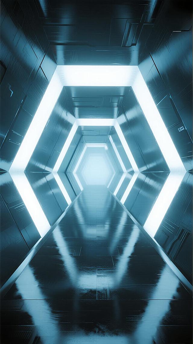 未来感科技风直播间背景，延伸的几何线条构成的无限空间走廊，光滑通透的金属质感墙面与地面，均匀分布的嵌入式冷色调光源从线条中透出柔和光线，尽头有明亮的光晕效果，整体采用渐变蓝色系，保持高度反光的镜面效果和简洁对称的构图，营造出科技感十足、宽敞明亮且具有视觉延伸性的氛围。