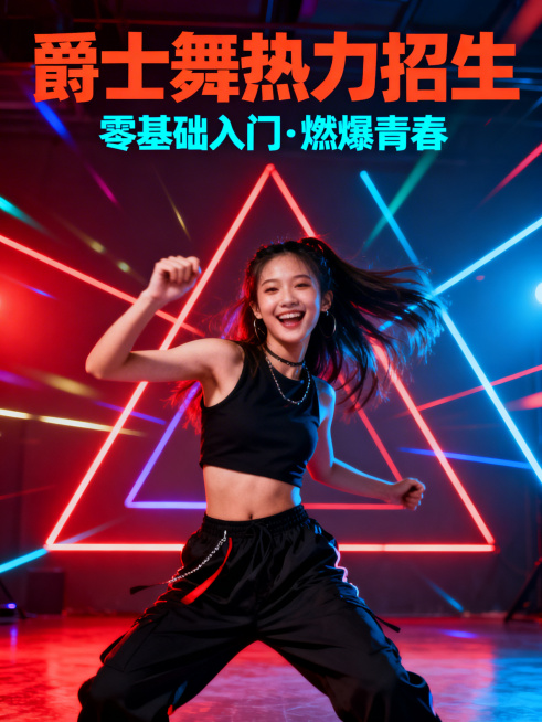 一个跳着爵士舞的开心女生，适合放在爵士舞招生海报中心位置，动感青春，充满活力，风格和现有海报偏潮流酷炫一致预览效果
