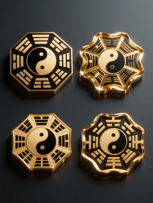 中国传统八卦元素系列素材集合，包含四个完全不同造型的八卦图案，规整排布在纯色背景上，保持3D立体质感，主色调为黑色与金色，金色部分带有流动的光效和渐变，八卦图案细节丰富，线条流畅，每个八卦造型独特且具有对称美感，整体风格统一，视觉效果华丽而庄重预览效果