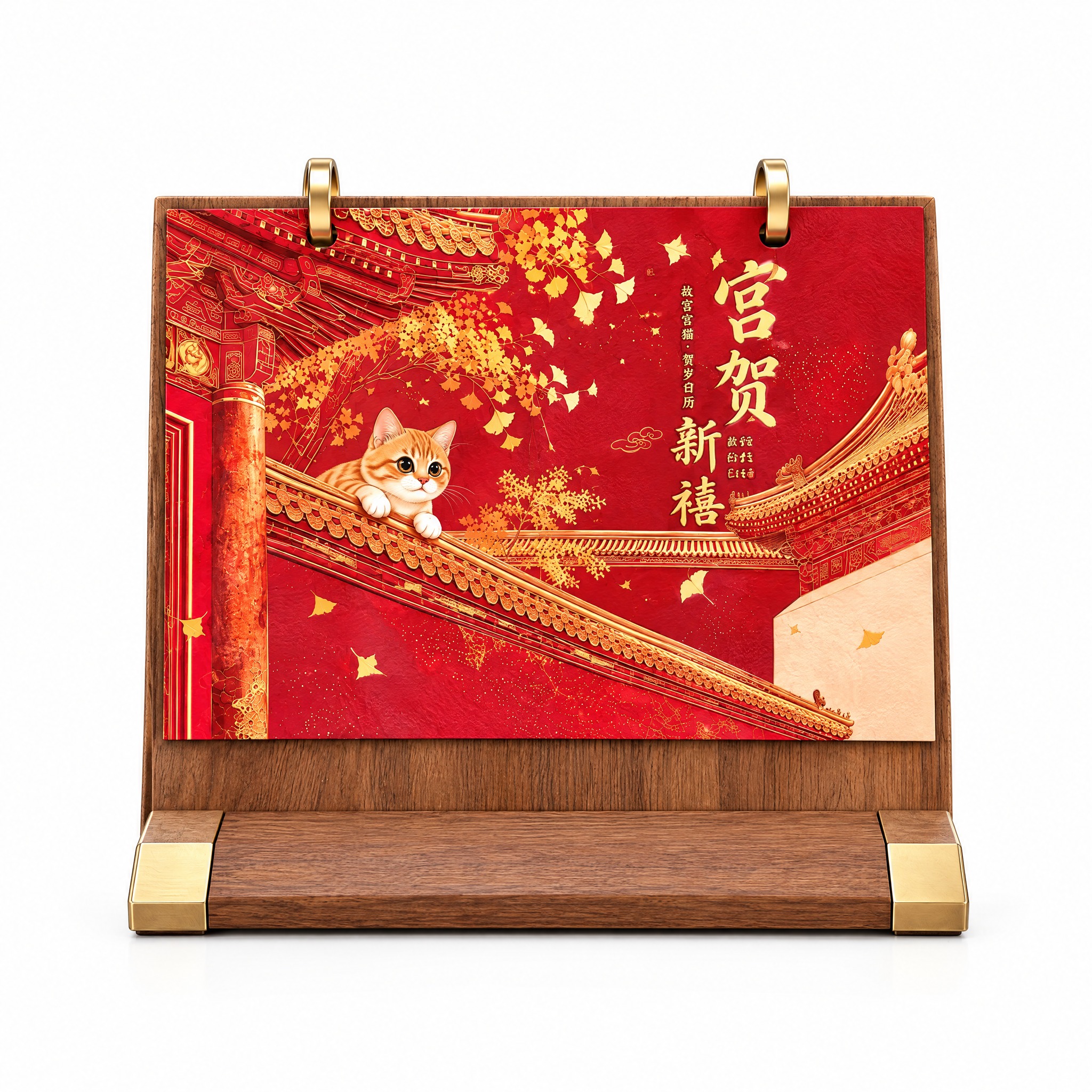 产品精修，使用A款横木架宫猫台历生成纯白背景白底图。严格保留台… - 图片创意预览