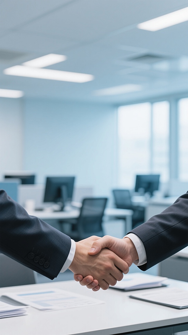 两只穿着西装的手在画面中央以相同姿势紧紧相握，手部特写清晰，背景变换为明亮专业的现代办公室工作场景，有办公桌、电脑、文件等办公元素，整体保持高度写实的商业摄影风格，主色调为蓝灰色调与白色，光线明亮柔和，采用清晰锐利的焦点，具有专业商务氛围，背景与手部有适当的层次感和融合度。