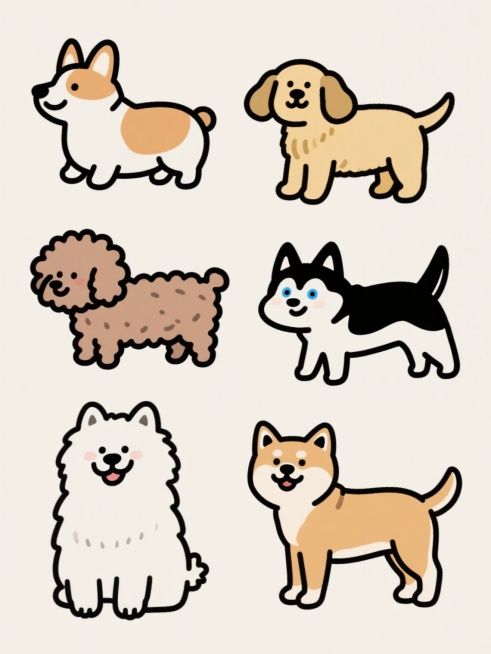 一张手绘风格的简笔画，画面中有六只不同品种的小狗，每只小狗都采用圆润的线条勾勒，线条流畅简洁，没有填充颜色，只有黑色的轮廓线。每只小狗都有独特的品种特征，比如有的是柯基，有着短短的腿和圆圆的屁股；有的是金毛，有着耷拉下来的耳朵和温顺的表情；有的是哈士奇，有着标志性的蓝色眼睛和竖起的耳朵；有的是泰迪，有着卷曲的毛发；有的是萨摩耶，有着微笑的嘴巴和蓬松的尾巴；还有的是柴犬，有着三角形的耳朵和翘起的……预览效果
