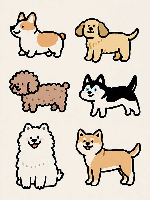 一张手绘风格的简笔画，画面中有六只不同品种的小狗，每只小狗都采用圆润的线条勾勒，线条流畅简洁，没有填充颜色，只有黑色的轮廓线。每只小狗都有独特的品种特征，比如有的是柯基，有着短短的腿和圆圆的屁股；有的是金毛，有着耷拉下来的耳朵和温顺的表情；有的是哈士奇，有着标志性的蓝色眼睛和竖起的耳朵；有的是泰迪，有着卷曲的毛发；有的是萨摩耶，有着微笑的嘴巴和蓬松的尾巴；还有的是柴犬，有着三角形的耳朵和翘起的尾巴。所有小狗都呈现出可爱的姿态，表情呆萌，充满童趣，整体风格统一，营造出轻松愉快的氛围。