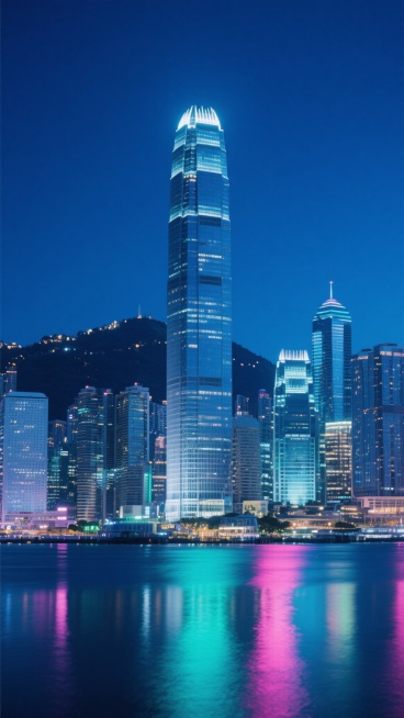 夜晚城市天际线背景，深蓝色渐变夜空下的繁华都市景观，高楼大厦林立，中央有一栋标志性的几何玻璃幕墙摩天大楼，建筑顶部有独特的轮廓灯光，周围环绕着各种高度和设计的建筑群，灯火通明，远处山坡上点缀着零星灯光，前景是平静的水面，倒映着建筑的彩色灯光，形成蓝、绿、粉交织的绚丽光影效果，整体呈现出现代、繁华、梦幻的都市夜景氛围，写实风格，光影对比强烈，细节丰富，色彩和谐统一。预览效果