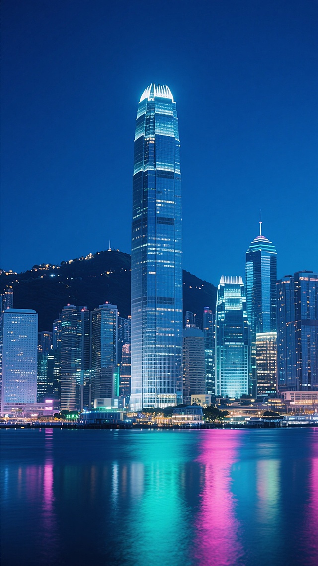 夜晚城市天际线背景，深蓝色渐变夜空下的繁华都市景观，高楼大厦林立，中央有一栋标志性的几何玻璃幕墙摩天大楼，建筑顶部有独特的轮廓灯光，周围环绕着各种高度和设计的建筑群，灯火通明，远处山坡上点缀着零星灯光，前景是平静的水面，倒映着建筑的彩色灯光，形成蓝、绿、粉交织的绚丽光影效果，整体呈现出现代、繁华、梦幻的都市夜景氛围，写实风格，光影对比强烈，细节丰富，色彩和谐统一。