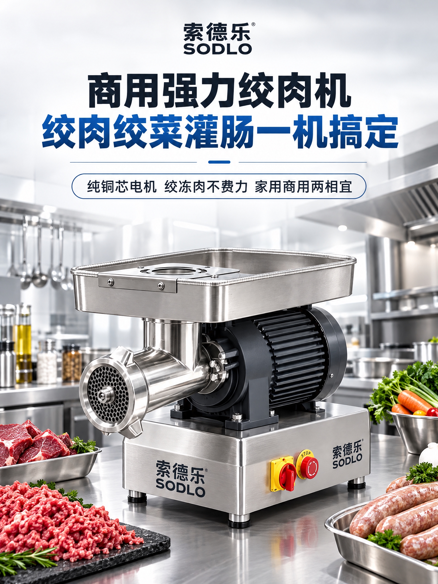 电商详情页首屏海报，3:4竖版比例，索德乐商用台式强力绞肉机详… - 图片创意预览