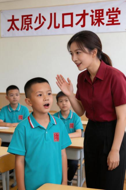 生成太原少儿口才课堂师生互动图，老师耐心引导孩子上台表达，人物表情自然，色彩生活化，无噪点，细节清晰，干净简约背景，同城教育实拍质感，适配抖音图文预览效果