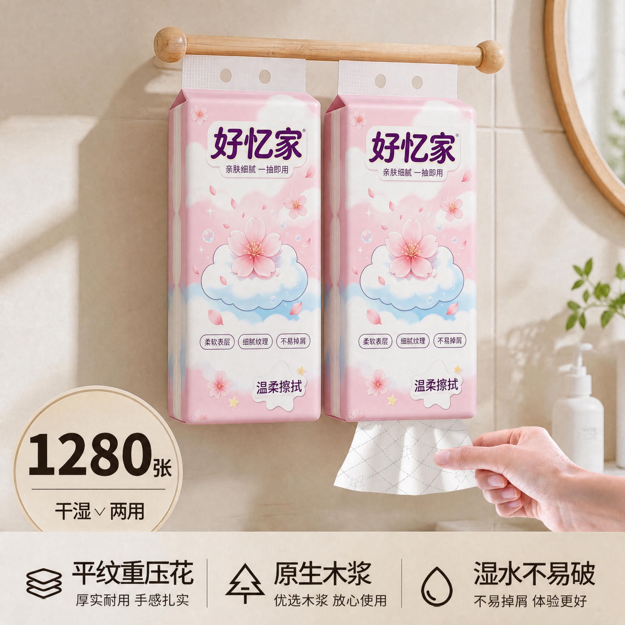 将图中悬挂的两包绿色抽纸外包装，完全替换为第一张白底图中“好忆… - 图片创意预览