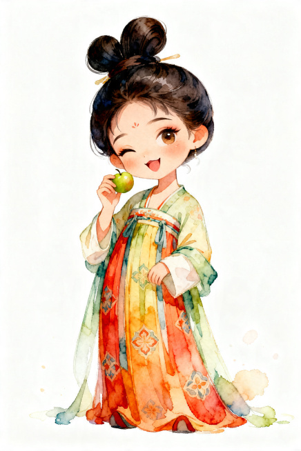 Q版卡通写实风格仕女图，身着襦裙，高发髻，裙子颜色艳丽，裙子图案清晰，人物表情生动俏皮妩媚，手持青梅，水彩暖色系晕染，搭配纯白背景预览效果