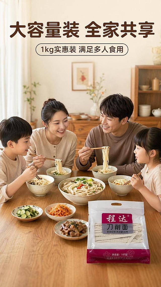 [第6屏] 本屏功能定义：程达刀削面 多人食用场景展示，家庭聚餐场景详情页。本屏使用【图1】作为产品包装参考。
[氛围/风格] 温馨生活化氛围，8K写实实拍，突出适合全家分享的产品特点。
[元素布局] 原木餐桌放置在画面中心，一大碗煮好的程达刀削面已经分盛到几个小碗中，一家四口正在居家聚餐，餐桌角落摆放整袋程达刀削面，凸显1kg大容量适合全家食用；整体构图宽松舒适，人物动作自然，氛围温馨，包装特征与参考图一致。
[光影质感] 暖柔和室内主光源，整体光影均匀，氛围温馨，明暗层次自然。
[配色色系] 全局原木浅底色 #e8dcc8，主色原木餐桌，辅助色米白面条、红灰包装。
[视角构图] 4:3构图，平视生活化视角，场景开阔，家庭氛围浓厚。
[文字版式] 顶部主标题「大容量装 全家共享」，副标题「1kg实惠装 满足多人食用」，圆角黑体，棕色字色，文字不遮挡主体场景，字号适配手机阅读。
[比例分辨率] 9:16竖版比例，4K分辨率，文字清晰可辨，高清画质。
[负向提示词] 变形，水印，文字错乱，文字过小，缺件错件，结构错误，颜色偏差，包装文字错乱，产品图模糊，背景杂乱