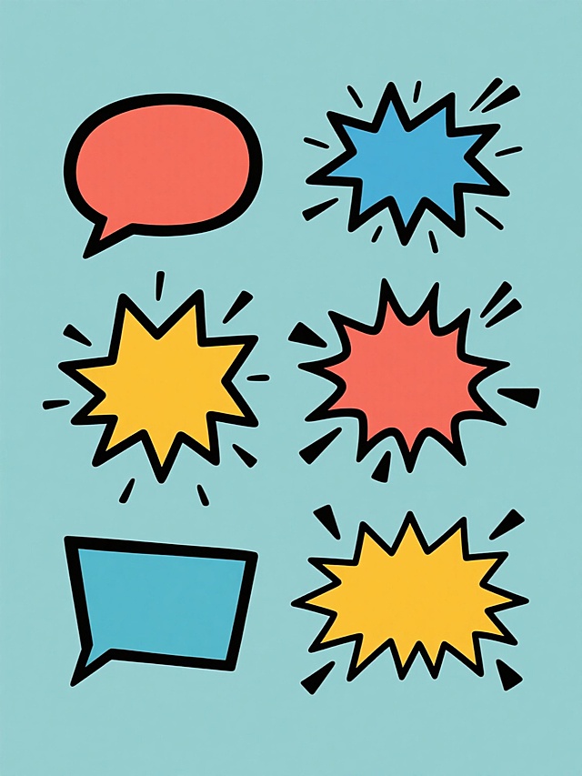 纯色背景上，规整排布的6个完全不同形状的漫画风格爆炸对话框系列素材集合，保持原有的卡通手绘风格、黑色轮廓线条、内部填充色与轮廓色对比鲜明的特征，整体画面色彩变换为不同色调组合，每个爆炸对话框都具有尖锐的放射状边缘和向外扩散的黑色速度线装饰，元素内容完整保留且视觉上协调统一，呈现出活泼夸张的视觉效果。