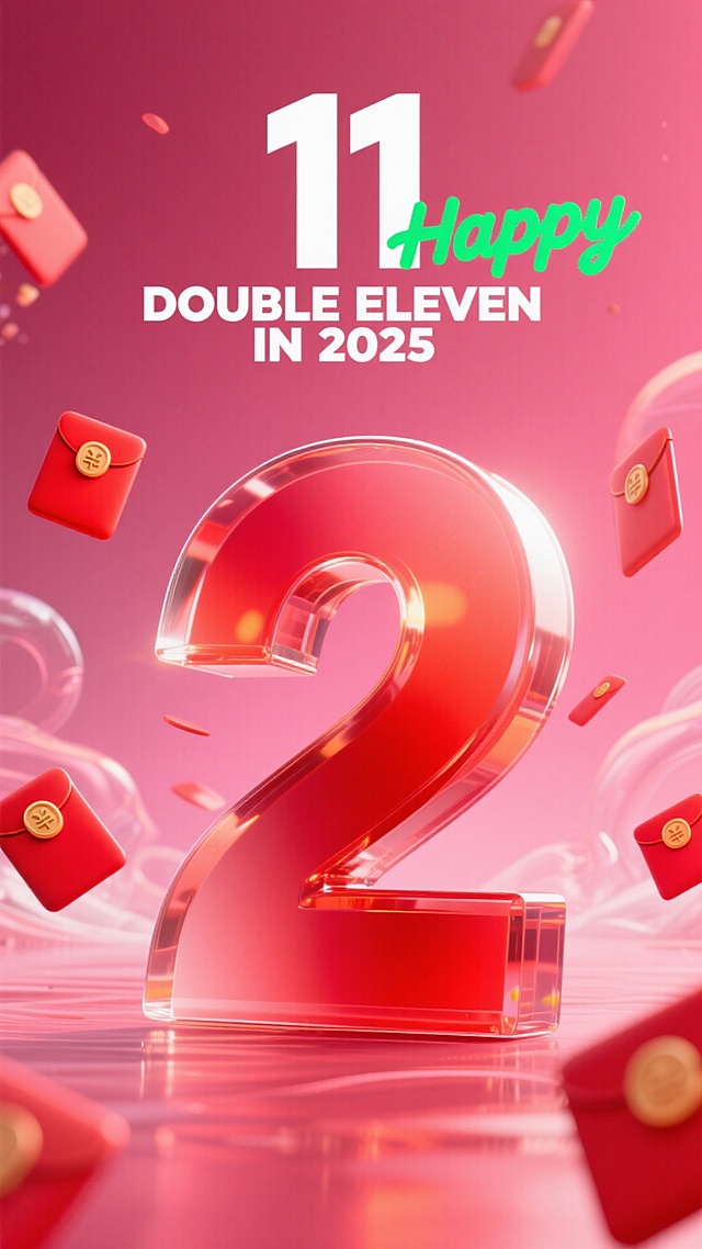 3D玻璃风数字“2”悬浮于喜庆红金背景，重拟物红包飘散，体积感十足，营造2025双十一大促的欢乐氛围。