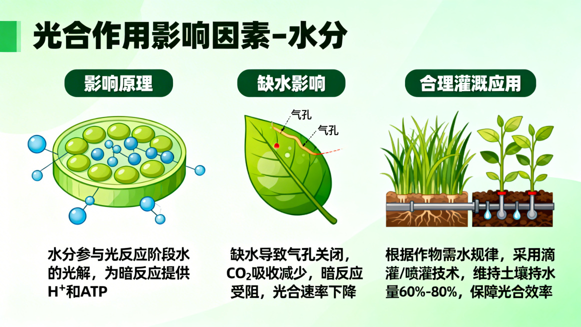 生成光合作用影响因素-水分交互页，内容包含：水分对光合作用的影响原理，缺水的影响，合理灌溉应用，整体风格统一，绿色教学风预览效果
