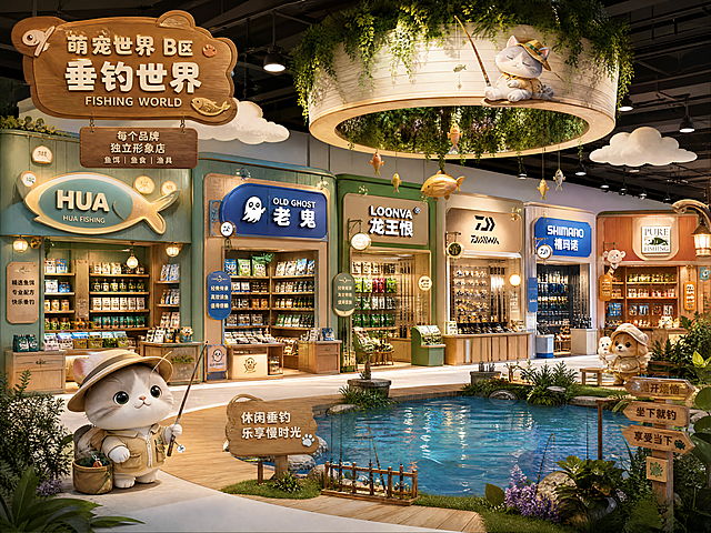 萌宠世界B区垂钓世界效果图，每个品牌一个独立形象店模式，销售鱼饵鱼食和渔具，软萌混搭休闲风格