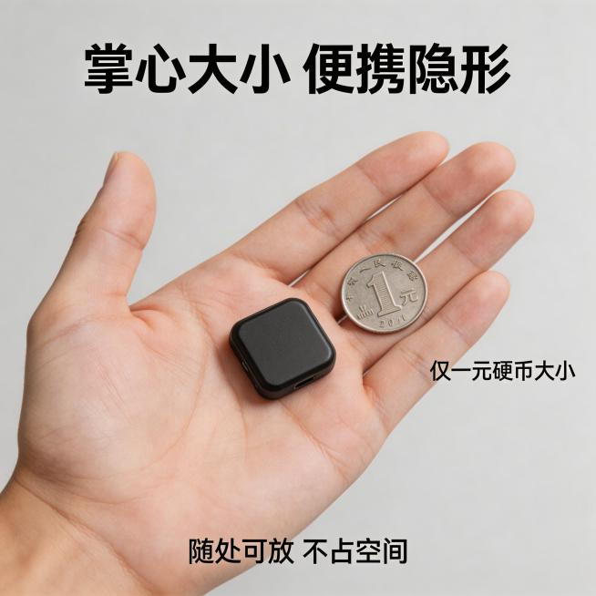 [主图 4] 定位器尺寸对比展示主图，主图主题是展示定位器小巧体积。氛围风格为清晰直观电商风。画面元素：迷你黑色定位器放置在成人手掌上，通过手掌对比直观展示产品小巧尺寸，背景为纯色浅灰，手部只露出手掌预览效果