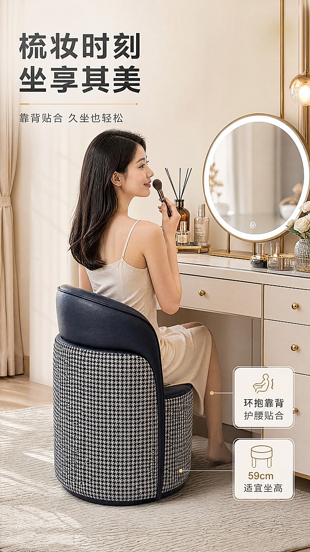 [商品] 使用【图1】DM-8803妆凳；保留圆润桶形结构、环抱式半围靠背、藏蓝西皮座面、黑白千鸟格格子布侧面、整体造型比例和颜色；商品处理：增强面料质感和缝线细节，保持产品原貌，不改变结构和颜色。
[画面] 目标：真人使用体验，展示梳妆坐姿舒适度。场景嵌入标签版式，现代轻奢梳妆台场景满铺；一位亚洲年轻女性侧坐在妆凳上，手持化妆刷正在对镜梳妆，背部自然轻靠靠背，姿态放松自然；产品在画面中下部，主体清晰，人物与产品互动真实；背景有梳妆台、LED化妆镜、香薰、护肤品等软装，暖调自然光，营造温馨精致的晨间梳妆氛围。
[视觉] 套系策略：风格=现代轻奢ins风商业摄影；标题字=现代简约粗黑体；正文字=简洁无衬线体；主色=藏蓝+奶油白；背景延展=基于奶油白做深浅层级、同色渐变和细腻墙面/织物质感；强调色=香槟金，仅用于小面积图标、引线、标签和金属装饰；标题色=深炭灰；正文色=中暖灰；组件=圆角浅底信息卡、细线引线、香槟金点缀；光影=左前侧暖柔光，柔和阴影。
[文字] 左上主标题「梳妆时刻 坐享其美」（8字），副标题「靠背贴合 久坐也轻松」（10字）；右下2个短卖点「环抱靠背 护腰贴合」「59cm适宜坐高」；文字不遮挡人物脸部和产品主体。
[规格] 图片比例9:16竖版，4K分辨率，medium质量；避免变形、错字、文字过小、冷蓝背景、产品颜色改变、结构失真、极限词、欧美面孔。
