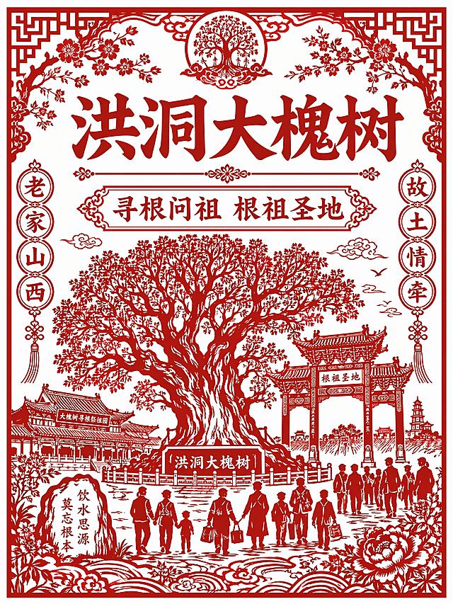 洪洞大槐树主题文旅宣传海报，采用传统红色剪纸画风，洪洞大槐树景点图形融入中式剪纸设计，主标题"洪洞大槐树"，副标题"寻根问祖 根祖圣地"，装饰文字"老家山西 故土情牵"，白色背景，版式精美，文化氛围浓厚，A3比例宽高约3:4，文字清晰