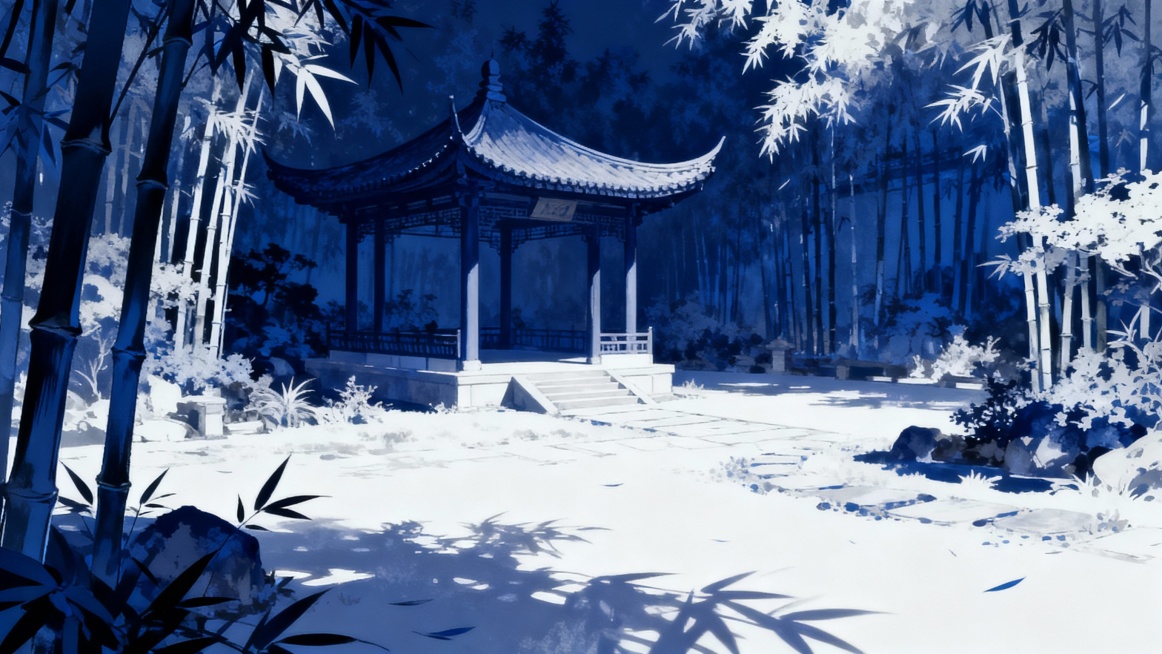 二次元古风，庭院亭子，竹林叠错，深蓝色，白色，细节丰富，氛围潇洒，肆意，大全景构图，不要人物，16:9,生成2张预览效果