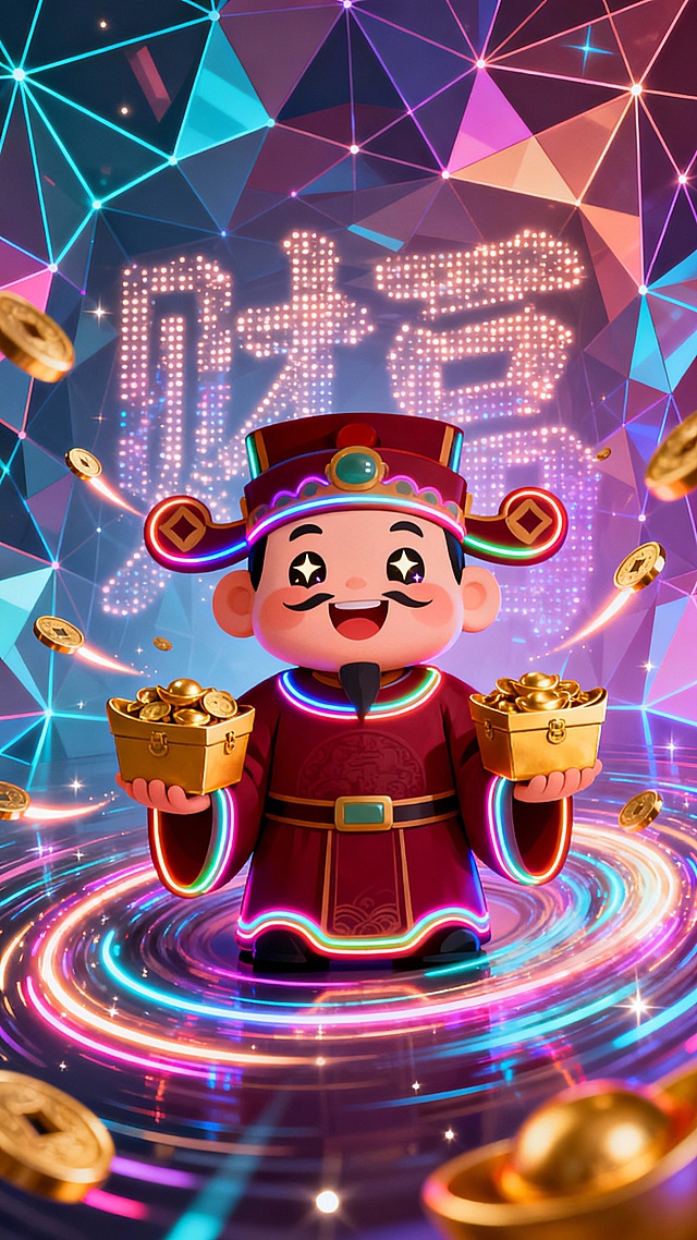 国潮幻彩·光效财神（侧重现代感和视觉冲击力） 主体：一位Q版的财神爷，位于画面中心，面带微笑，身穿红色官服，头戴官帽，双手各捧一个装满金元宝的金色宝箱。 材质与光效：财神的形象采用国潮插画风格，线条清晰，色彩鲜艳。官服是深红色，但边缘有霓虹灯般的七彩描边，闪烁着光芒。财神的眼睛中闪烁着星星。 背景：背景是抽象的几何图形构成的七彩空间，几何图形由光点连接，形成一个充满科技感和未来感的财神世界。 新增