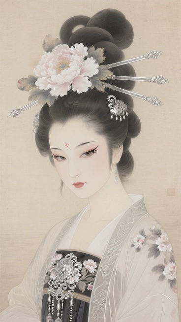 插画，明暗对比，东方元素，古风，笔触，画面故事感，女子妆容妖娆，眼妆上挑，睫毛眼尾飞斜，五官深邃立体，全身照，女子发型，蓬松如云的高髻层层叠起，宛如盛开的花朵。勾勒出发丝的优雅轮廓，精致银饰，花朵点缀预览效果