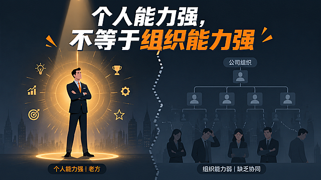 微信公众号文章插图，主题为「个人能力强不等于组织能力强」。画面左侧是一位职场精英男性（老方）独自站在聚光灯下，能力光环闪耀，象征个人能力极强；画面右侧是一家公司的组织架构图或团队群像，整体暗淡、缺乏连接与协同，象征个人能力没有转化为公司的组织能力。中间用一道虚线或断层分隔，形成鲜明对比。画面中央上方有醒目标题文字："个人能力强，不等于组织能力强"。风格为现代扁平插画风格，商务职场感，配色以深蓝、灰色为主，点缀橙色强调对比，构图简洁有冲击力，适合作为公众号头图。