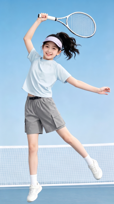 用图1的短袖和裤子替换图的2的人物穿搭衣服裤子，保留原场景光影，保持图2的人物的五官和发型不变，图片宽高尺寸不变，背景不变，鞋子不变，人物姿势不变，保持图1的短袖和裤子的款式材质不变和颜色不变预览效果