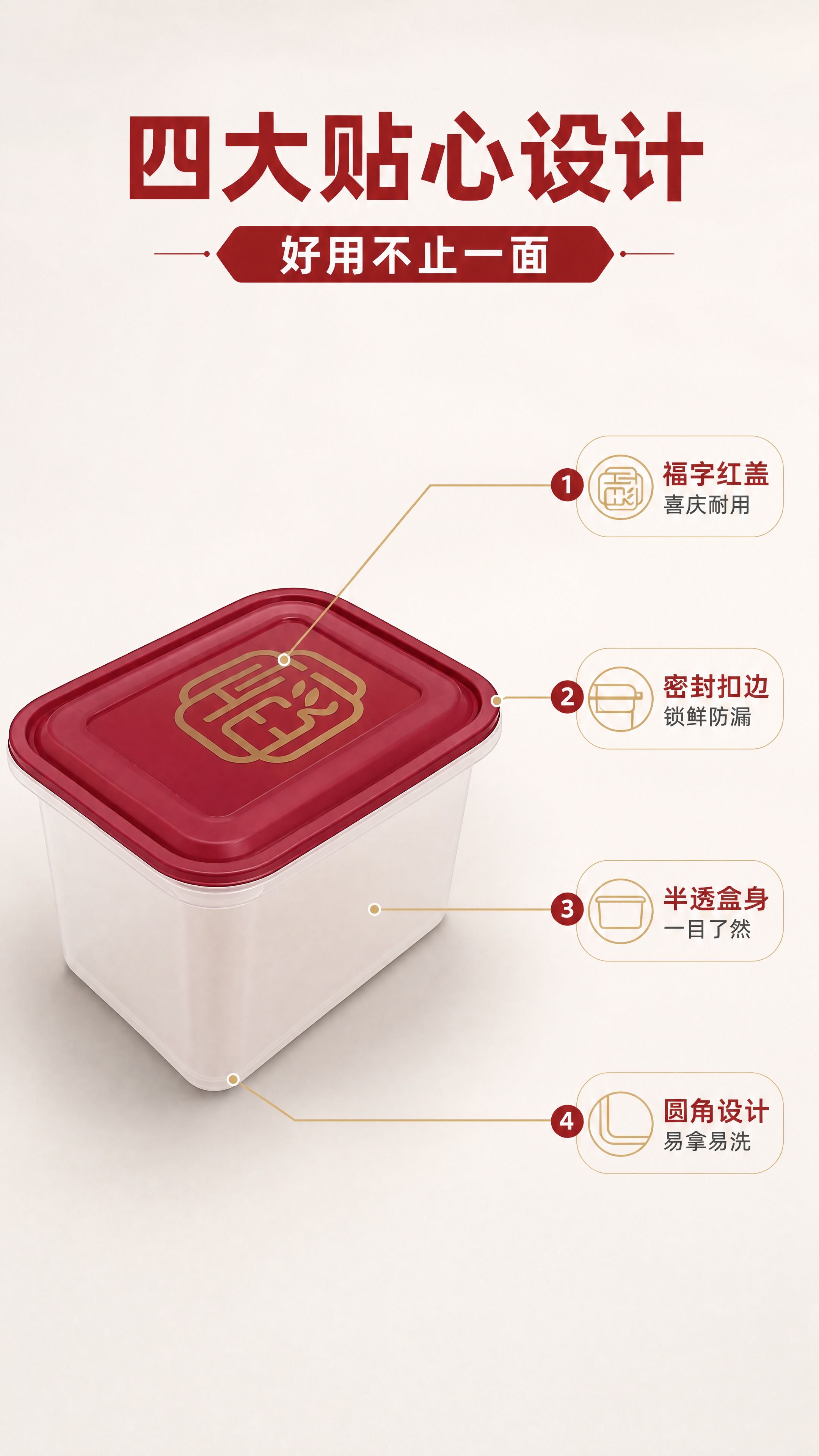 [商品] 使用【图1】长方形半透明白色餐盒，红色福字盖；保留长… - 图片创意预览