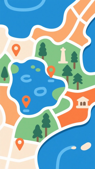 扁平化风格地图设计，柔和圆润的线条勾勒出不同区域轮廓，采用清新的蓝色、绿色和橙色作为主色调，地图上包含湖泊、森林和地标等元素，橙色定位标记点缀其中，整体视觉简洁明快，具有现代感和装饰性。预览效果