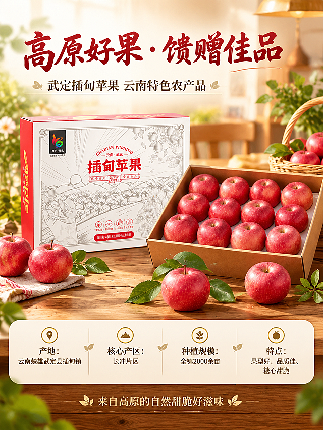 [商品] 使用【图1】插甸苹果礼盒产品图；保留红白礼盒包装、"插甸苹果"红色大字、彩色Logo、苹果线描图案、整体结构和颜色；礼盒正面展示，打开的托盘露出苹果，增强礼品感。
[画面] 规格礼赠收尾页，礼赠开箱型版式。产品礼盒与打开的苹果托盘置于木质桌面上，旁边摆放藤编果篮和带绿叶的红苹果装饰。背景是温暖的居家餐厅场景虚化，有暖光和绿植点缀，营造温馨礼赠氛围。产品礼盒占画面约45%。左侧为规格信息区。三层视觉：前景苹果/叶片、中景礼盒+桌面、后景暖光居家虚化。
[视觉] 套系策略：风格=高原果园自然清新商业摄影；标题字=手写书法粗体；正文字=简洁宋体；主色=苹果红+高原绿+天空蓝；背景延展=暖棕调居家氛围，深浅渐变和暖光晕染；强调色=暖金黄，仅用于小面积标签、图标和高亮；标题色=深苹果红；正文色=深棕灰；组件=圆角浅米色规格卡、细苹果叶分割线、礼赠丝带小图标；光影=右侧暖台灯光+左侧自然光，温馨氛围感。
[文字] 左上主标题"高原好果 · 馈赠佳品"，副标题"武定插甸苹果 云南特色农产品"。下方规格信息卡横排："产地：云南楚雄武定县插甸镇"、"核心产区：长冲片区"、"种植规模：全镇2000余亩"、"特点：果型好、品质佳、糖心甜脆"。底部横排小字收尾语："来自高原的自然甜脆好滋味"。文字均横排。
[规格] 图片比例3:4竖版，4K，quality=medium，避免变形、错字、文字过小、冷蓝背景、礼品感不足、包装文字错乱。