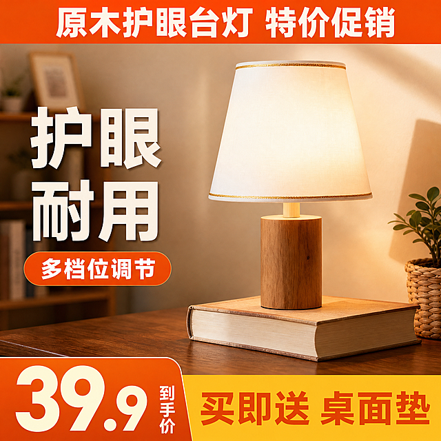 [单张主图] 原木布艺护眼台灯，爆款促销感主图，突出产品卖点与促销信息。
[画面主体] 保持产品外观（原木圆柱形底座、米白色布艺灯罩、金边装饰）与输入产品图绝对一致，杜绝任何变形和色差，精细化处理。产品主体居中放置，占画面60%，放置在深色木质桌面上，左侧放置一本厚书承托产品，背景为浅暖米色墙面，旁边点缀编织篮绿植。商品主体结构清晰完整，无遮挡。
[构图版式] 采用荣誉价格堆叠型版式：顶部放促销活动荣誉通栏，左侧35%放超大利益点和1个醒目的卖点胶囊，右侧产品放置占55%，底部20%用高饱和价格活动通栏收口，左侧放到手价大数字，右侧放赠品信息。
[场景元素] 背景为柔和居家书房场景虚化，顶部通栏，左侧卖点胶囊，底部价格通栏，文字信息层级分明。
[文案版式] 顶部通栏文案「原木护眼台灯 特价促销」，左侧胶囊卖点「多档位调节」，主卖点依次为「护眼」「耐用」，底部价格区左侧大字「39.9」，小字「到手价」，右侧「买即送 桌面垫」。所有文字对比清晰，不遮挡产品主体。
[光影质感] 主光为柔和侧向自然光，突出台灯开灯后的暖光氛围，墙面有自然光晕，产品材质纹理清晰，光影过渡自然，景深中等，背景虚化突出主体。商业摄影质感，产品清晰真实，画面干净高级。
[配色字体] 主色原木浅棕+米白，辅助色浅暖黄，强调促销色橙色，字体采用粗黑体无衬线，主价格最大，标题次之，辅助信息最小，对比清晰。
[比例分辨率] 1:1 比例，2048x2048分辨率，文字清晰可辨，超高清。
[负向提示词] 变形，水印，错字，糊字，伪 Logo，主体遮挡，背景杂乱，低清晰度，错误结构，文字错乱