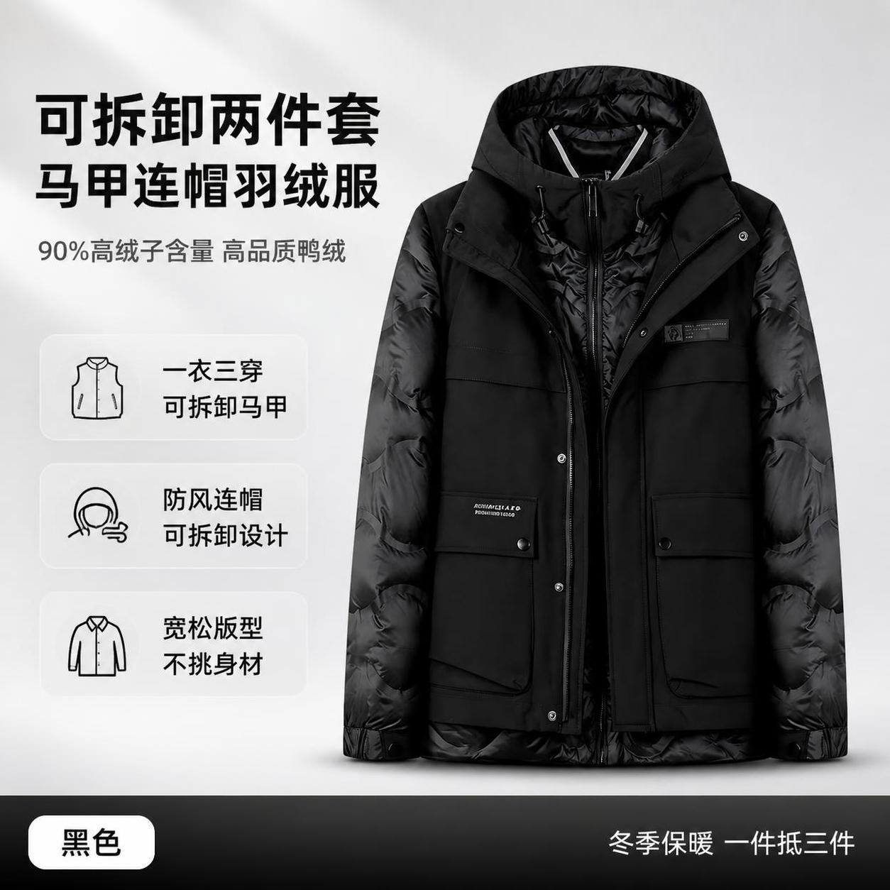 基于图中这款黑色可拆卸两件套连帽羽绒服，生成一张电商爆款主图。… - 图片创意预览