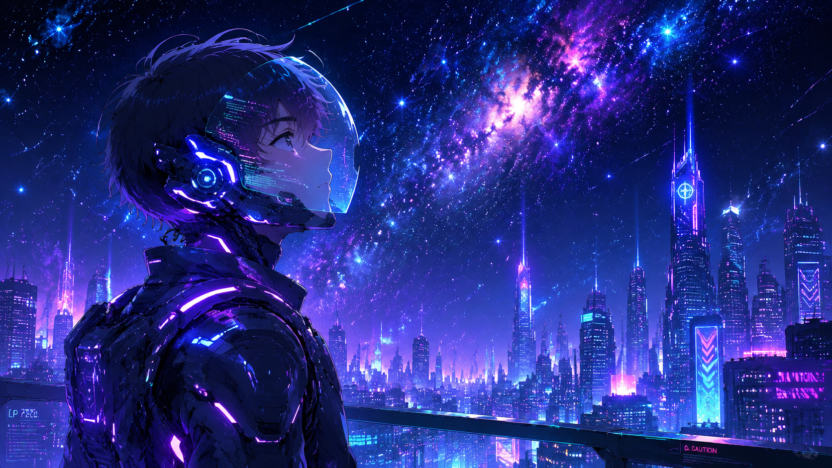 杰作，最高画质，一位赛博朋克机甲少年，站在星空下，透明面罩显示… - 图片创意预览